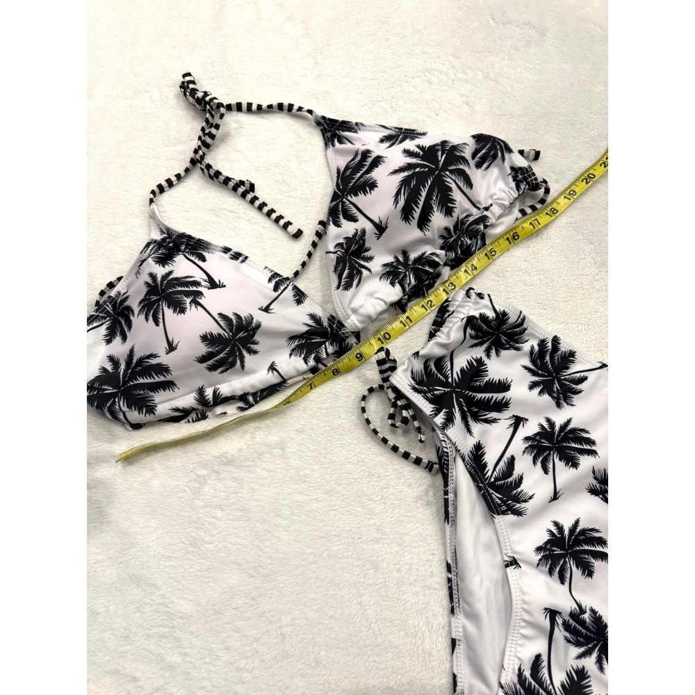 Palm Tree Print High Waisted Bikini Set Black White‎ 3XL Triangle Halter 2 Piece - Picture 3 of 5